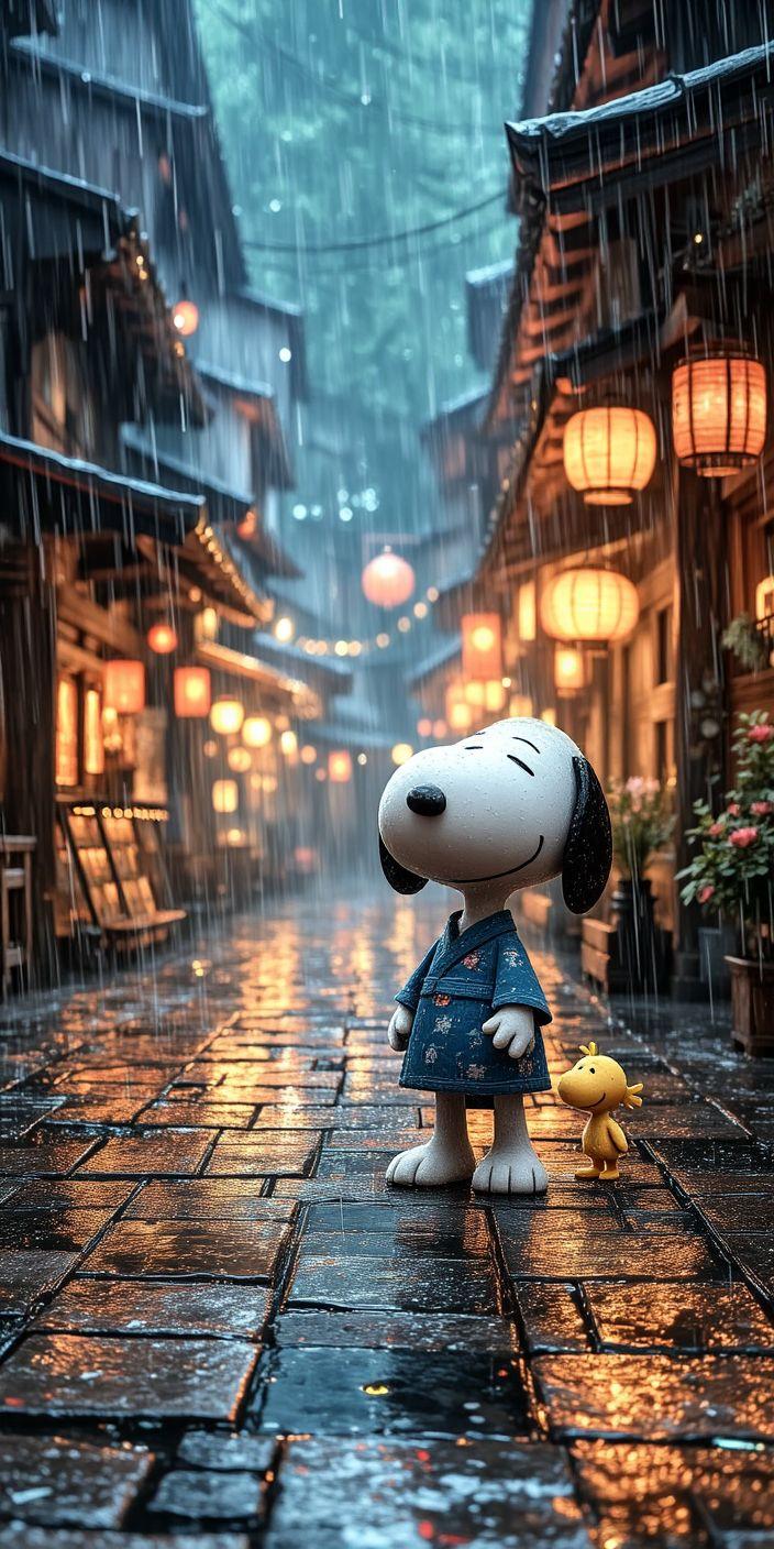Snoopy Rainy Street Aesthetic Wallpaper