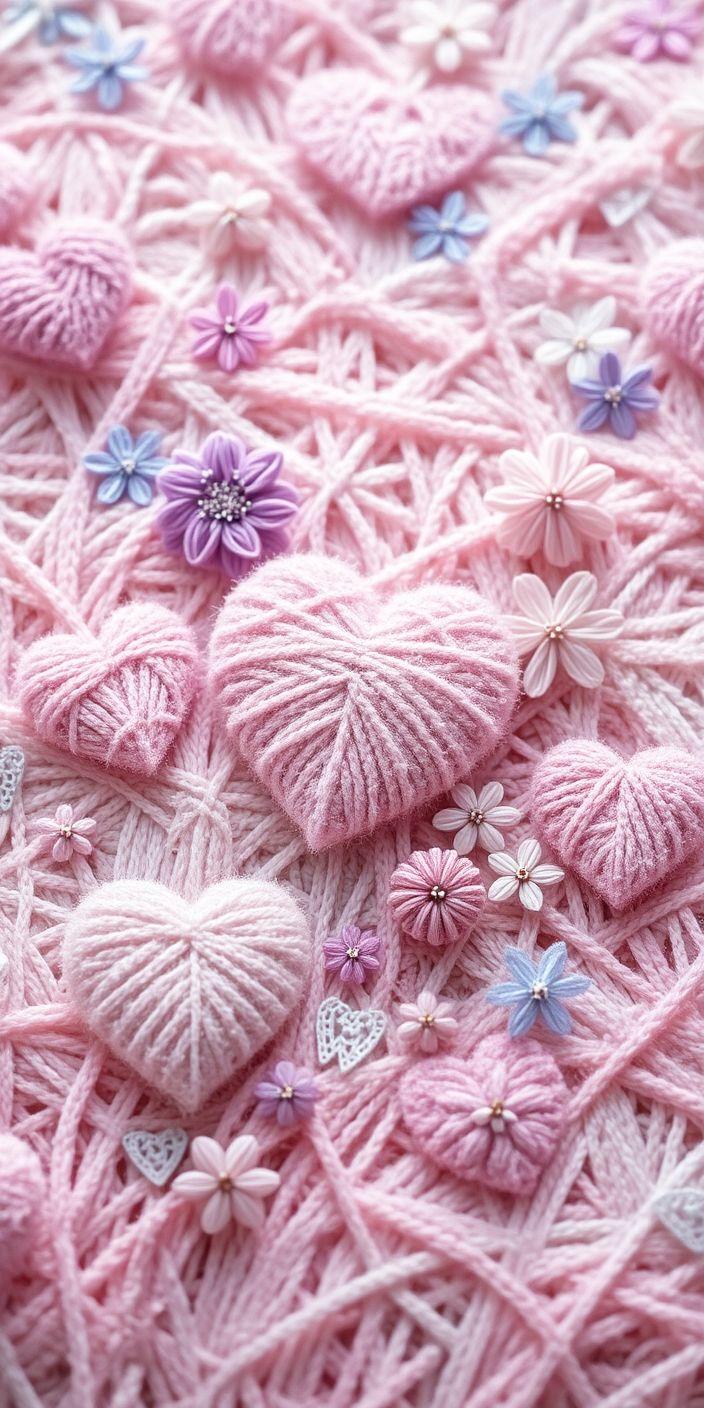 Cozy Knitted Pink Hearts Wallpaper