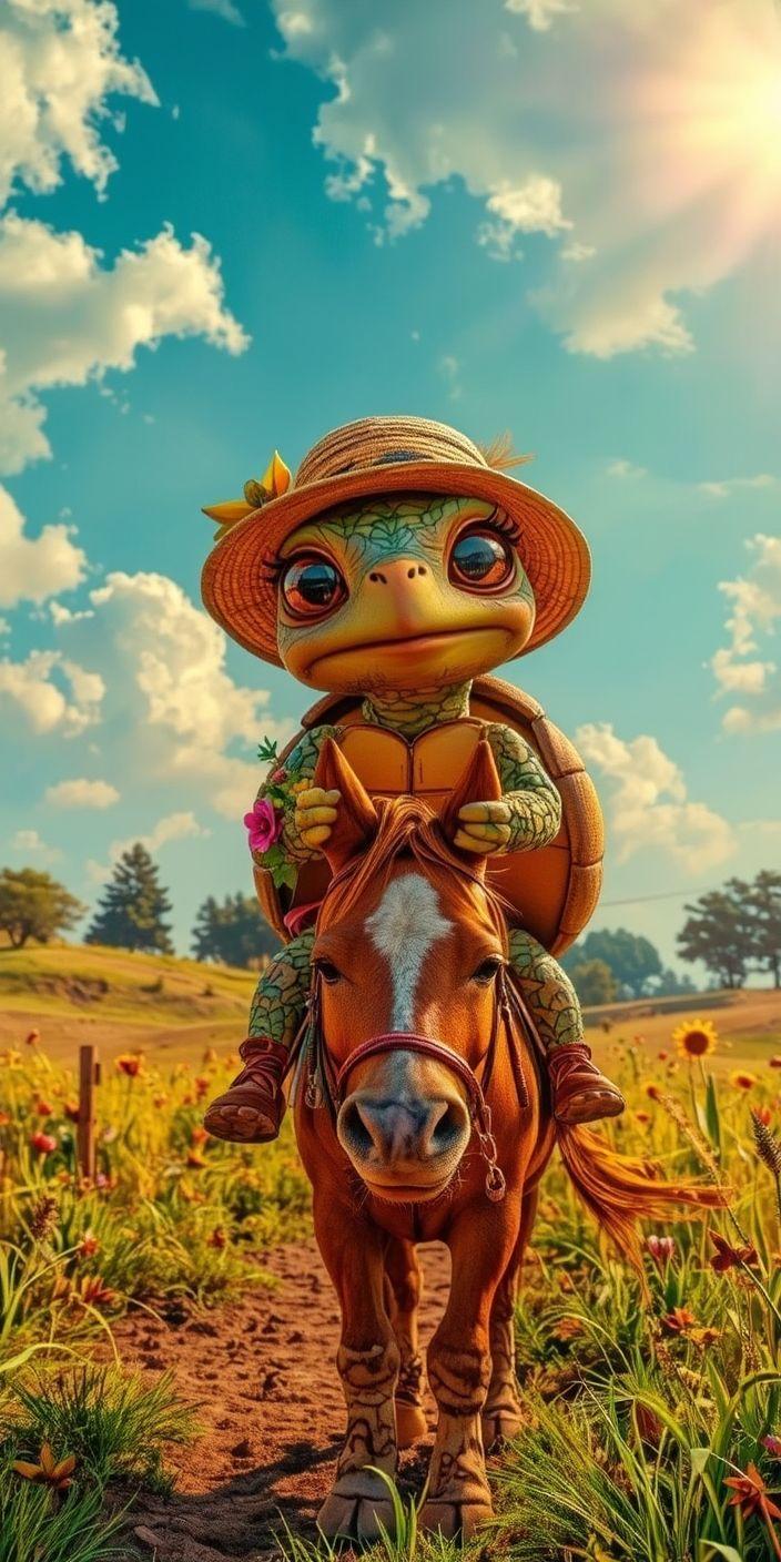 Whimsical Turtle Cowboy Horseback Wallpaper