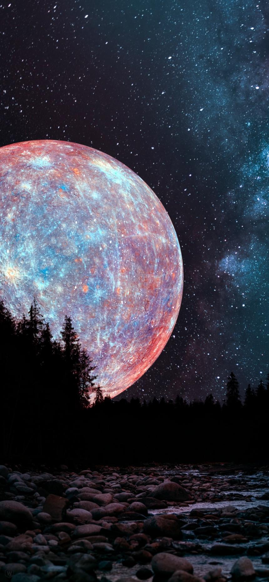Dreamy Cosmic Moon Over Forest Night Sky Wallpaper