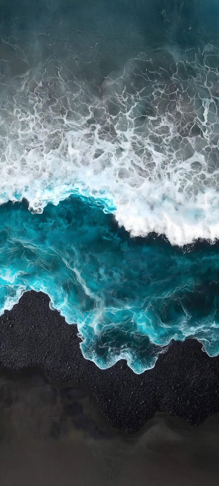 Teal Ocean Waves Black Sand Beach Wallpaper