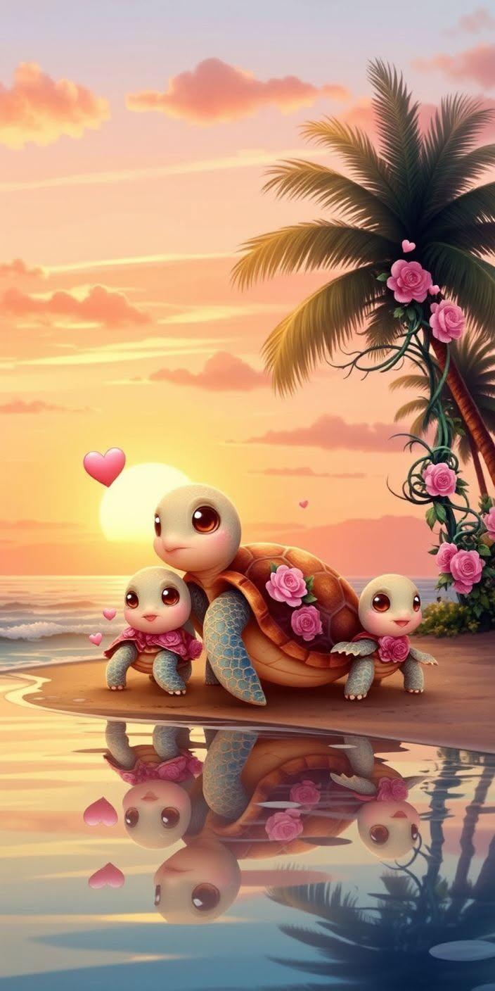 Cute Sea Turtle Family Beach Sunset Wallpaper