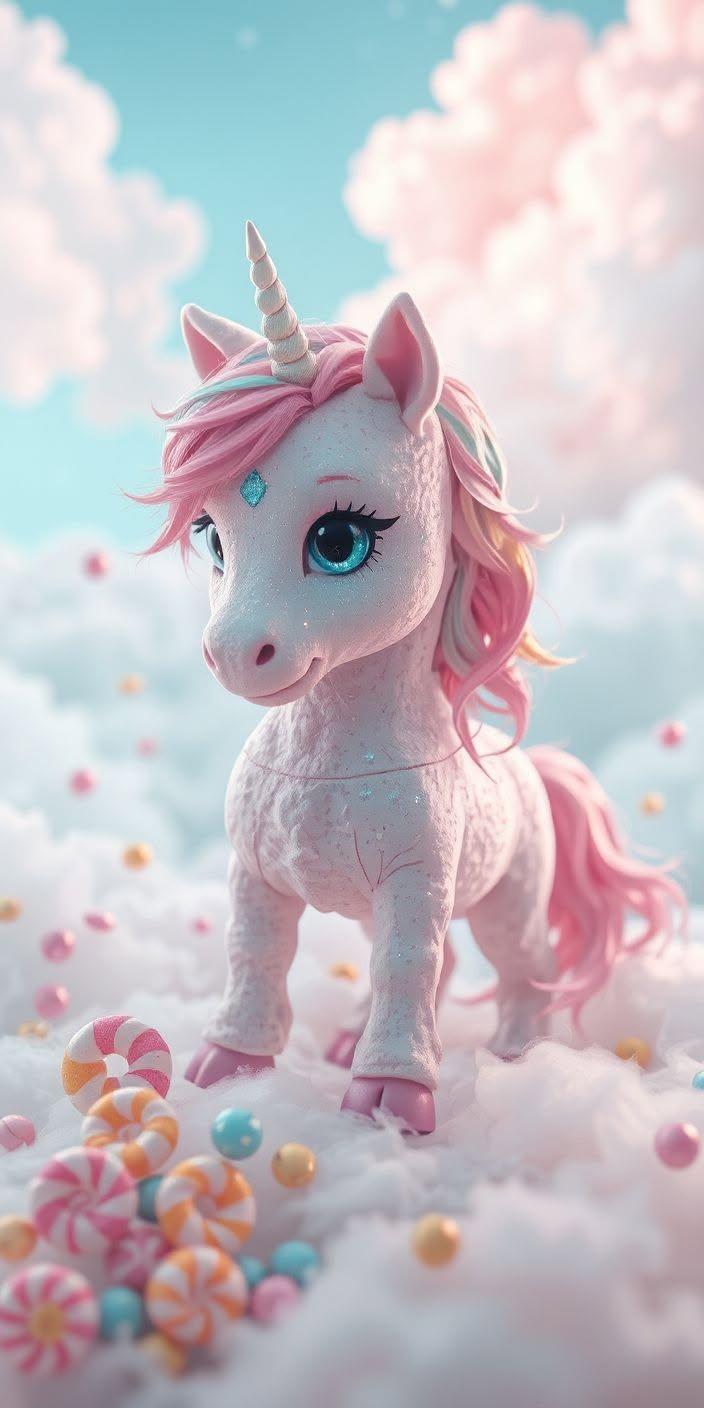 Cute Pink Baby Unicorn Candy Clouds Wallpaper
