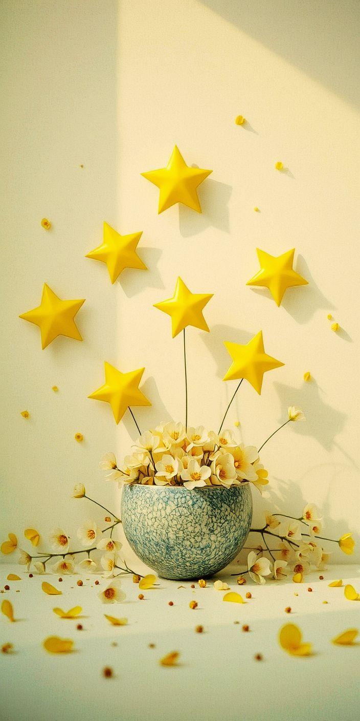 Golden Stars and Floral Aesthetic Minimalist Wallpaper
