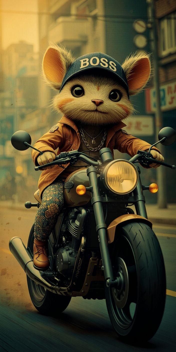 Cute Boss Cat Riding Motorcycle Wallpaper