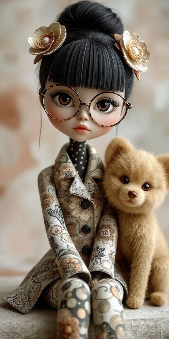 Cute Doll Girl and Teddy Bear Wallpaper