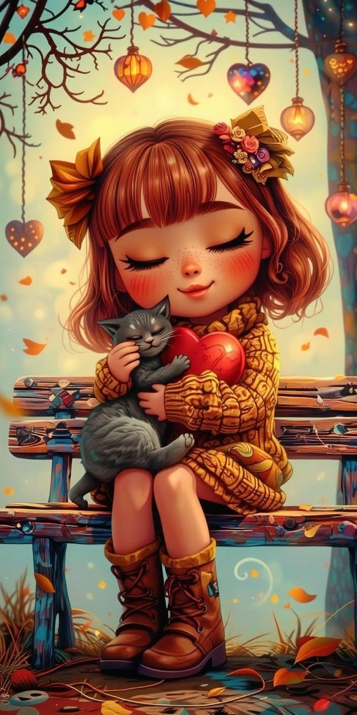Cute Girl Hugging Cat Wallpaper