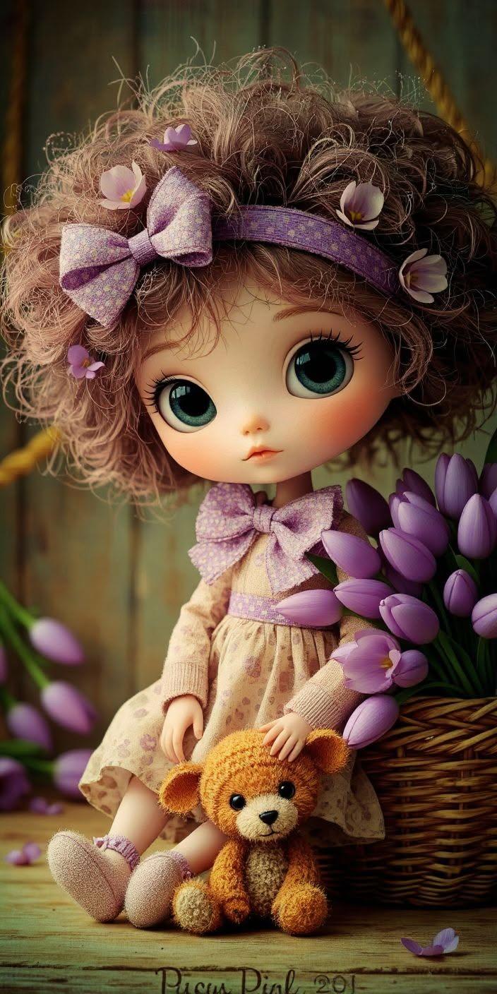 Cute Doll with Tulips Wallpaper