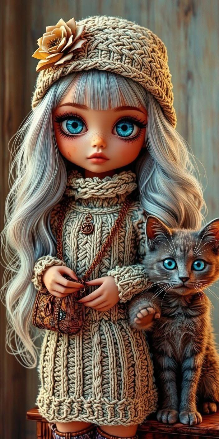 Cute Winter Knit Doll with Blue-Eyed Kitten Wallpaper