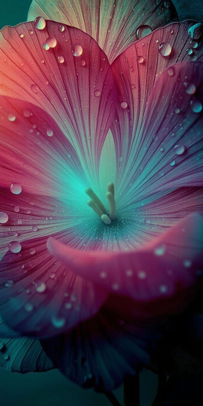 Neon Pink and Turquoise Flower with Dewdrops Wallpaper