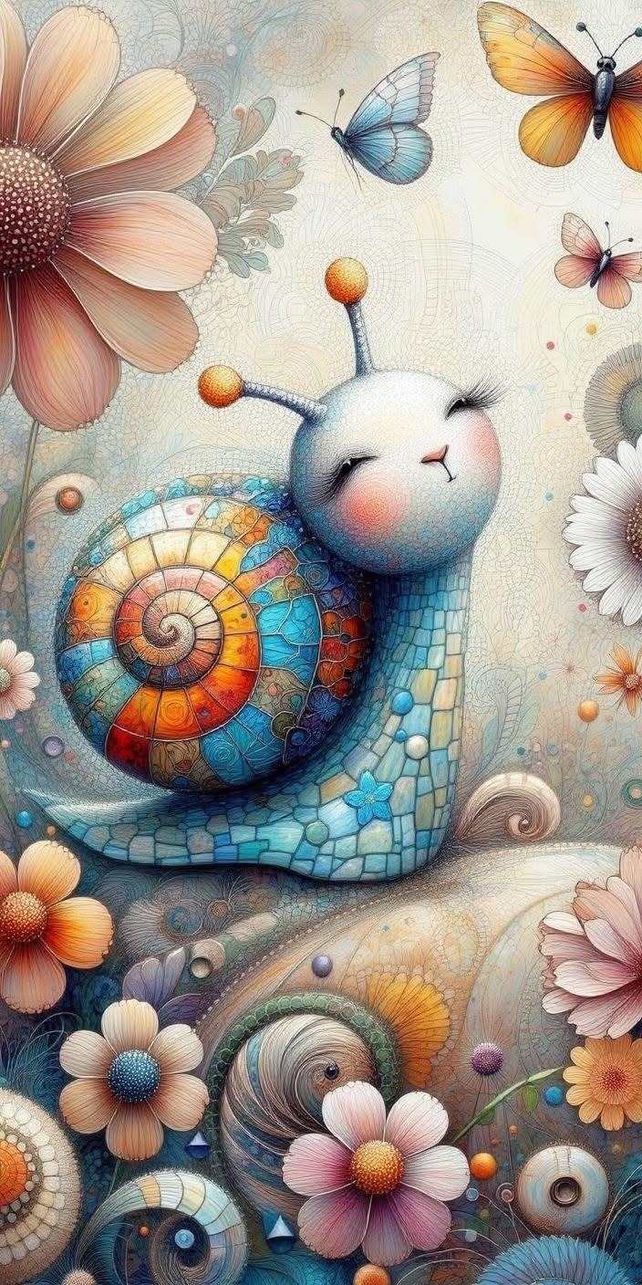 Whimsical Mosaic Snail Garden Wallpaper