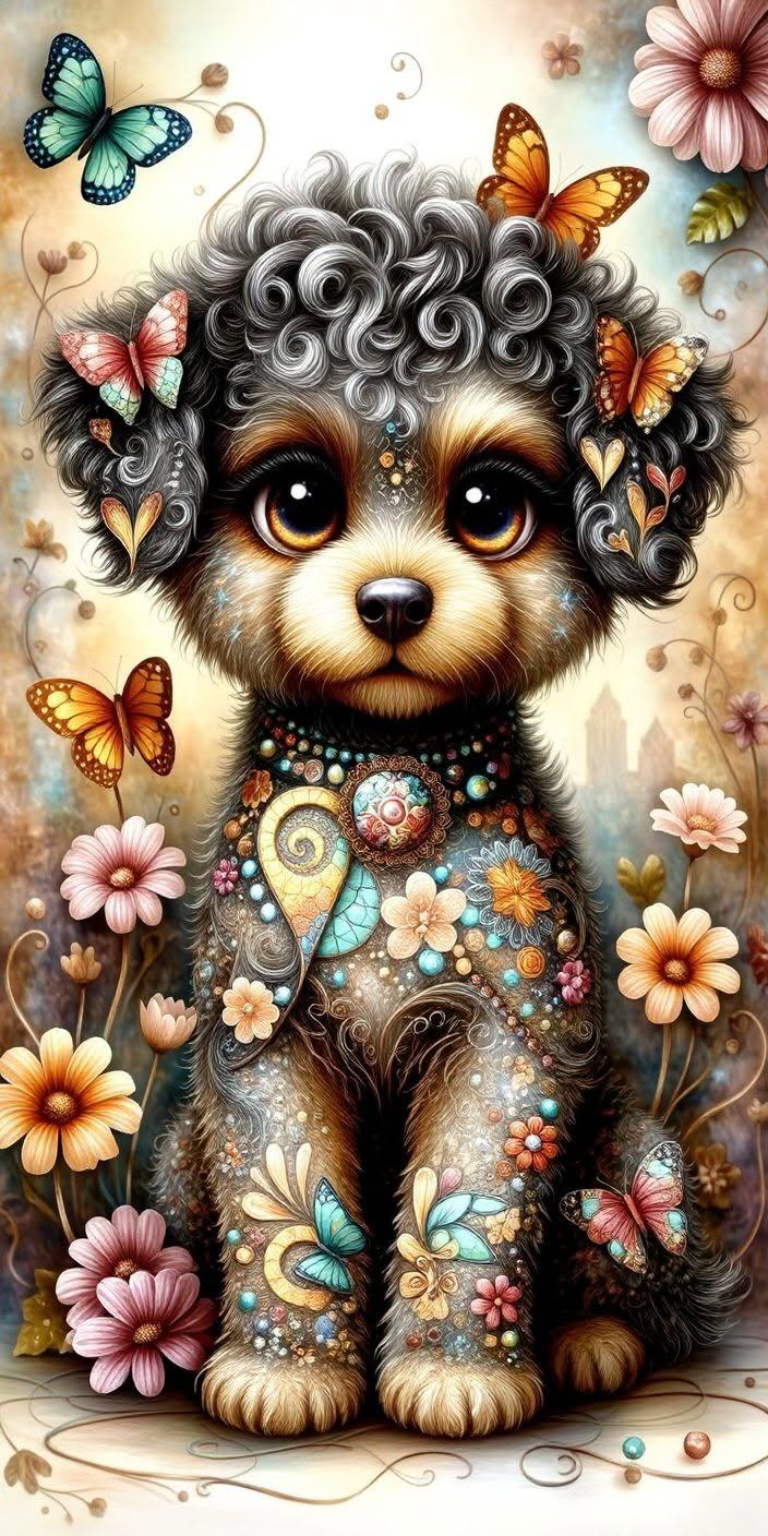 Mystical Floral Grey Puppy Wallpaper