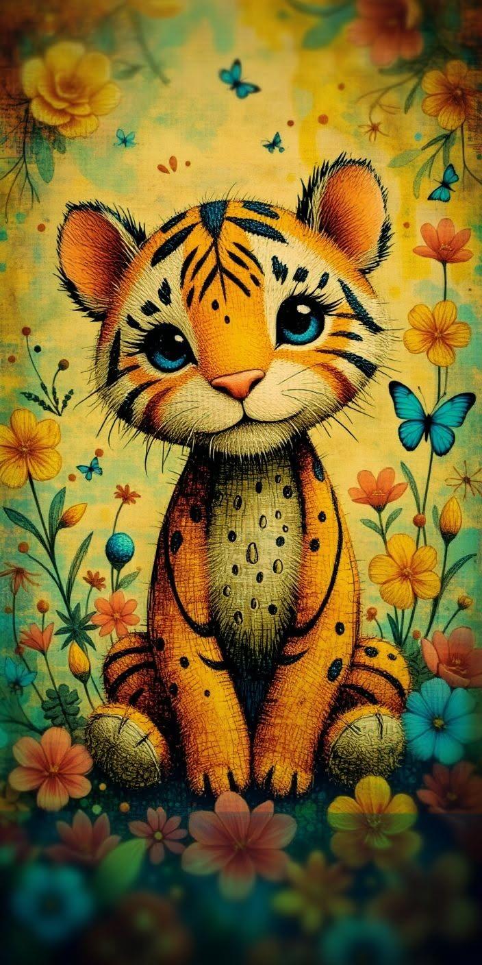 Cute Floral Baby Tiger Wallpaper