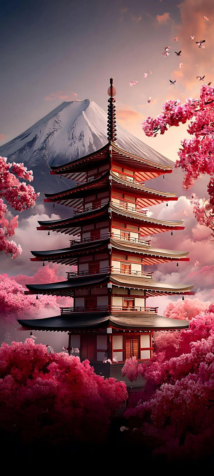 Mount Fuji Cherry Blossom Pagoda Wallpaper