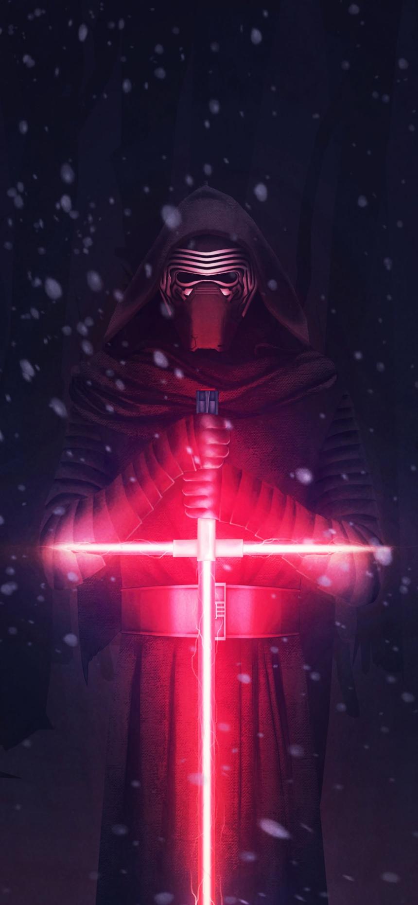 Kylo Ren with Crossguard Lightsaber in Snow Storm Phone Wallpaper