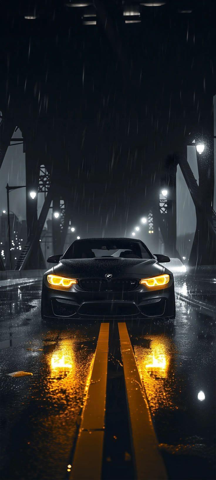 BMW Sports Car in Heavy Rain Night Phone Wallpaper