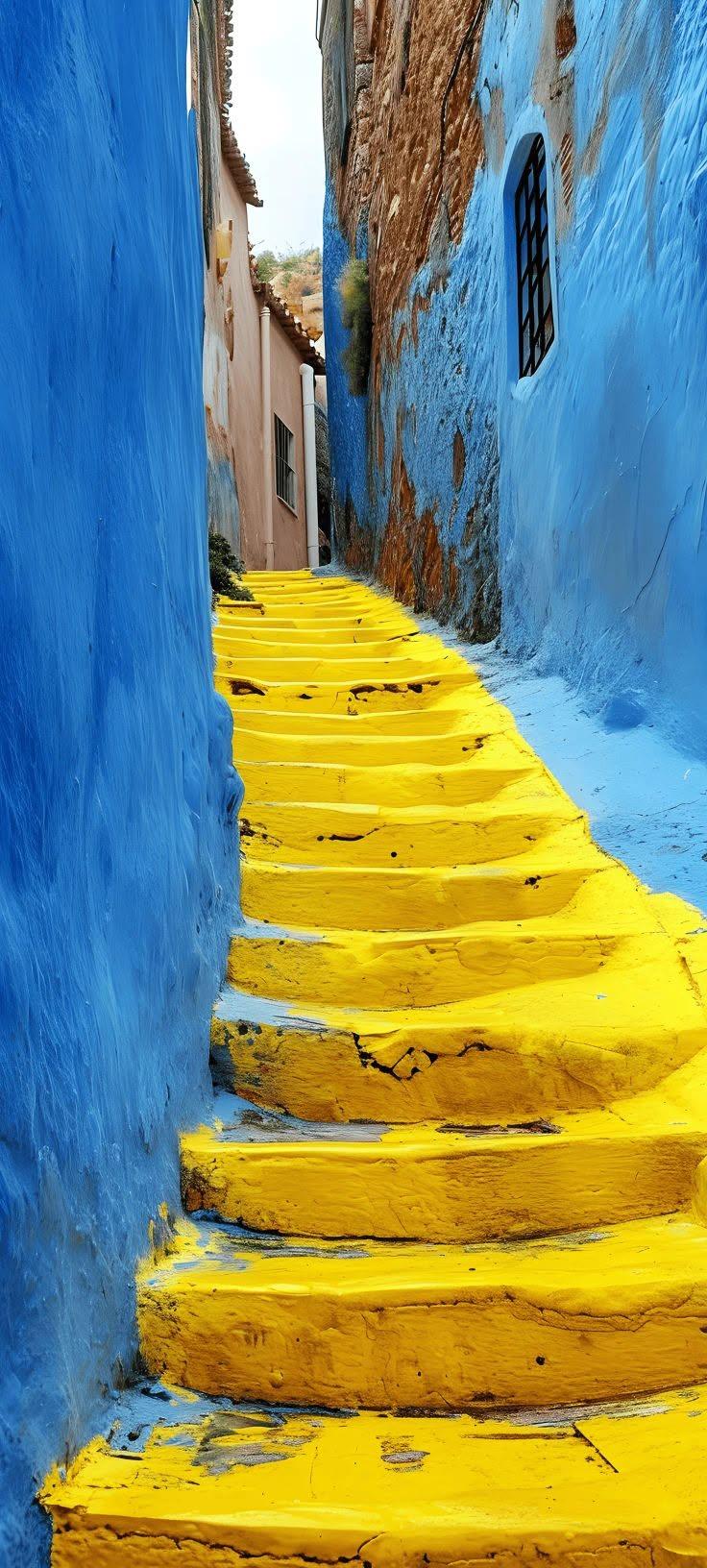 Vibrant Blue Alleyway Stairs Wallpaper