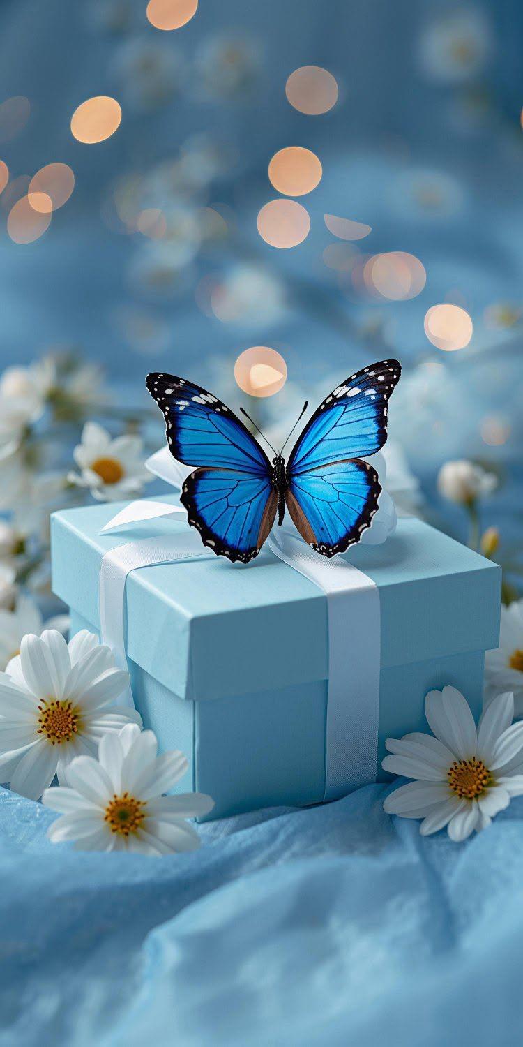 Blue Butterfly Gift Box Wallpaper