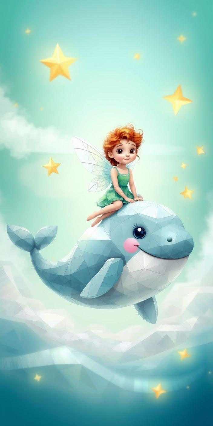 Cute Fairy and Baby Whale Wallpaper