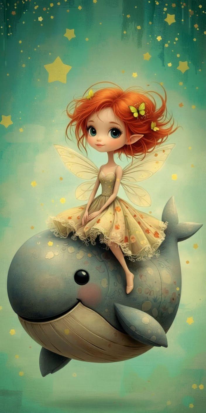 Fairy Girl Riding Cute Whale Wallpaper