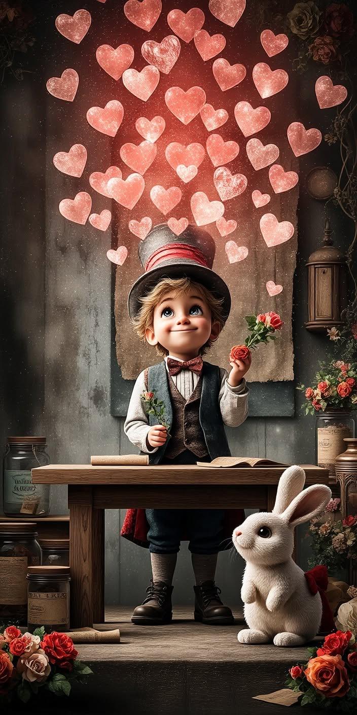 Cute Little Gentleman and Bunny Love Wallpaper