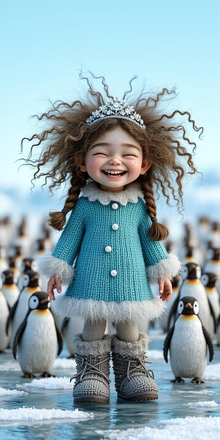Cute Winter Princess and Penguins Wallpaper