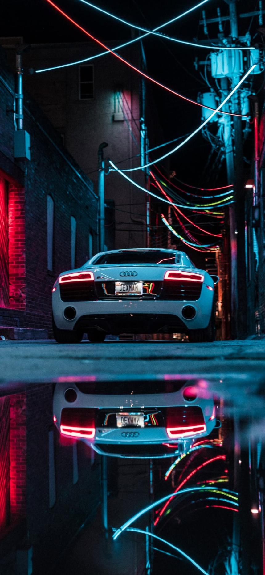 Neon Audi R8 Cyberpunk Alley Wallpaper