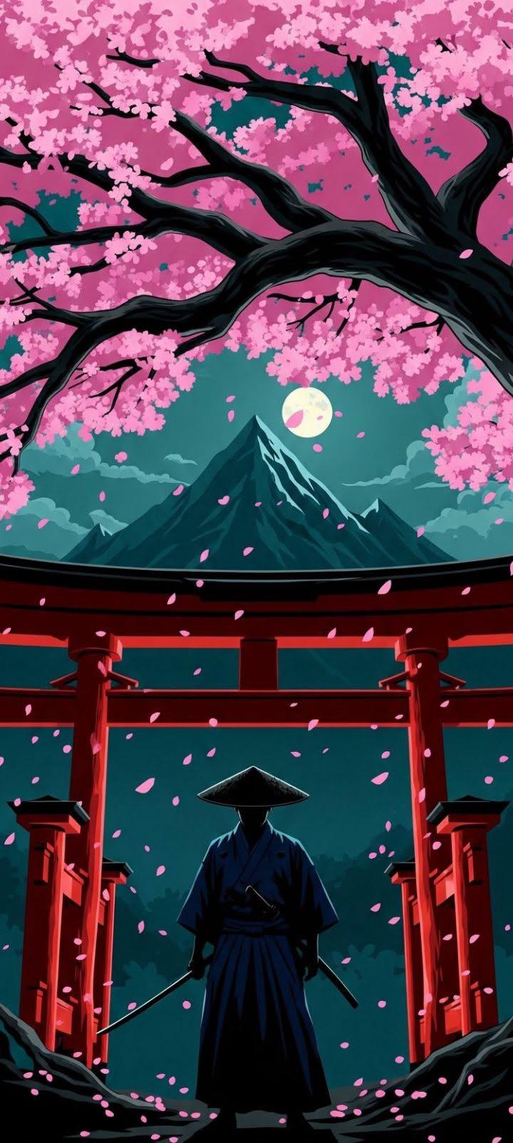 Samurai Under Cherry Blossoms Wallpaper