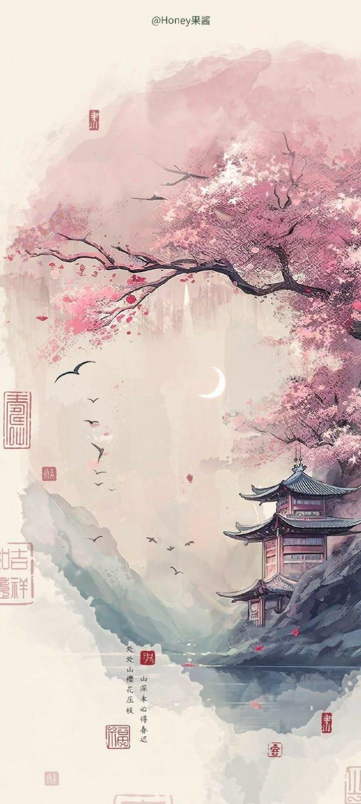 Cherry Blossom Pagoda Wallpaper
