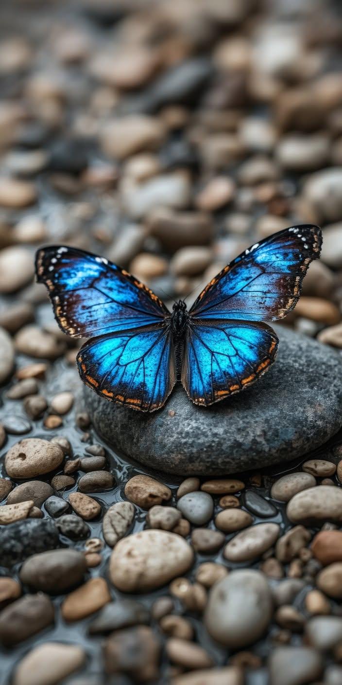 Blue Butterfly on River Stones Wallpaper