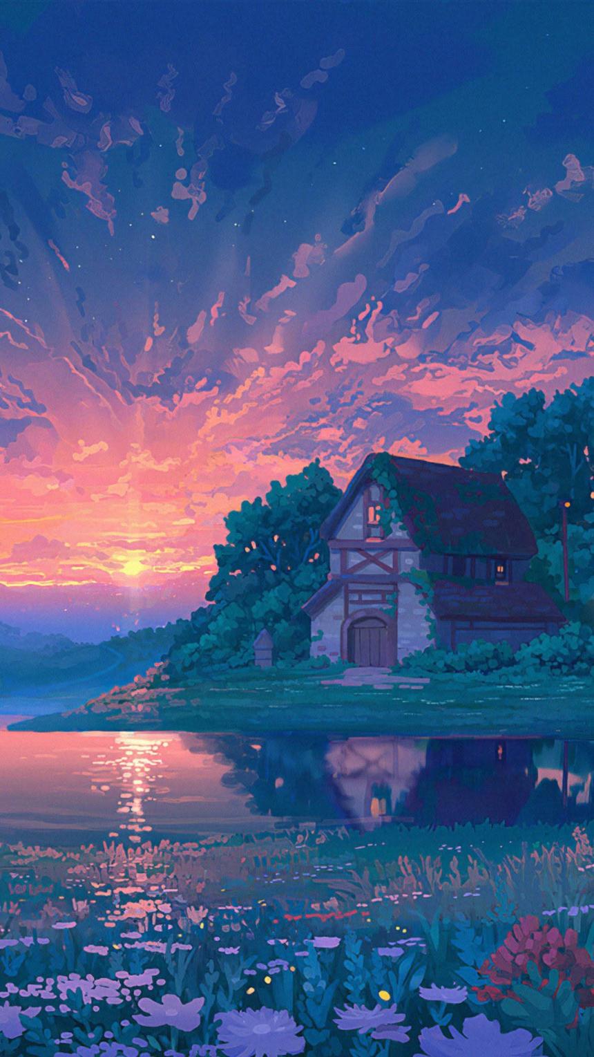 Dreamy Cottage Sunset Wallpaper 🌅🏡