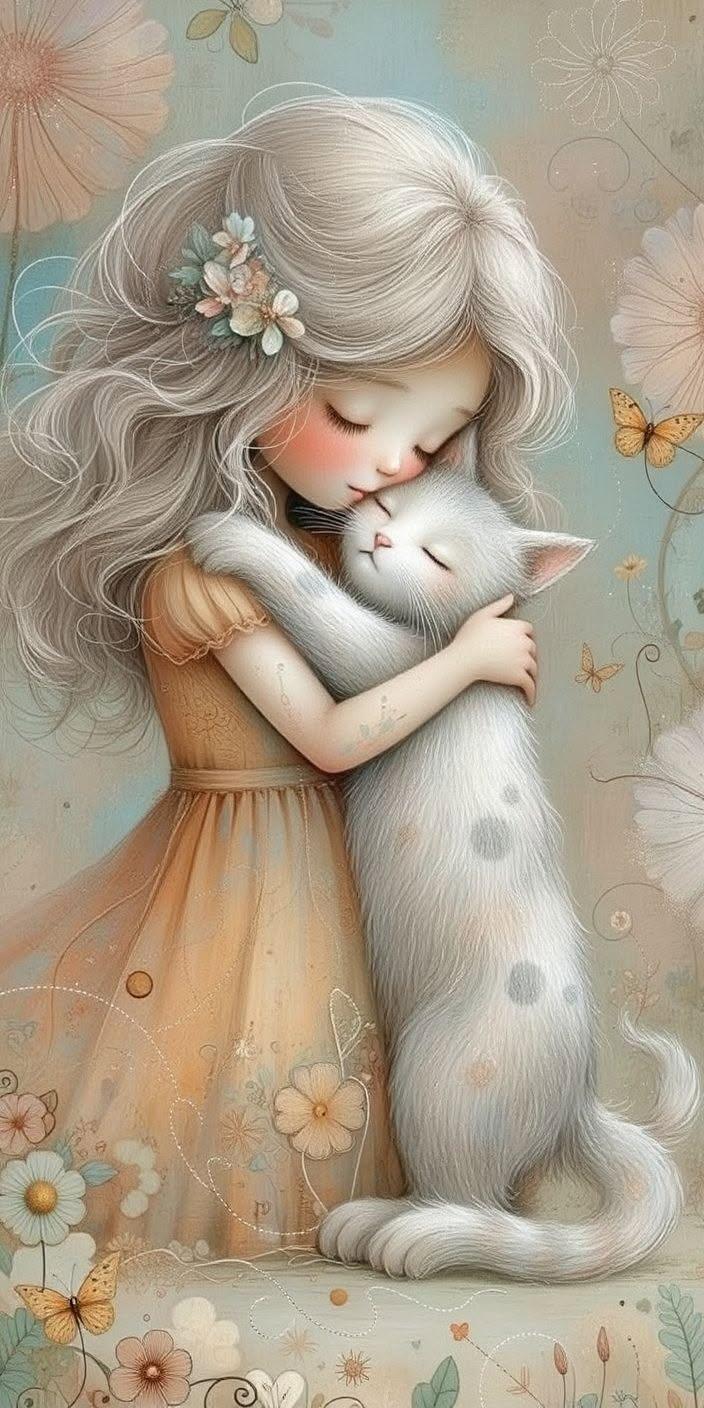Girl Hugging White Cat Wallpaper
