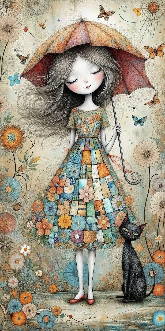 Girl with Umbrella and Black Cat Wallpaper