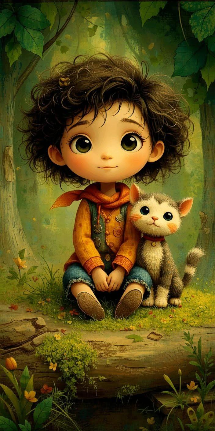 Cute Boy and Kitten Forest Wallpaper