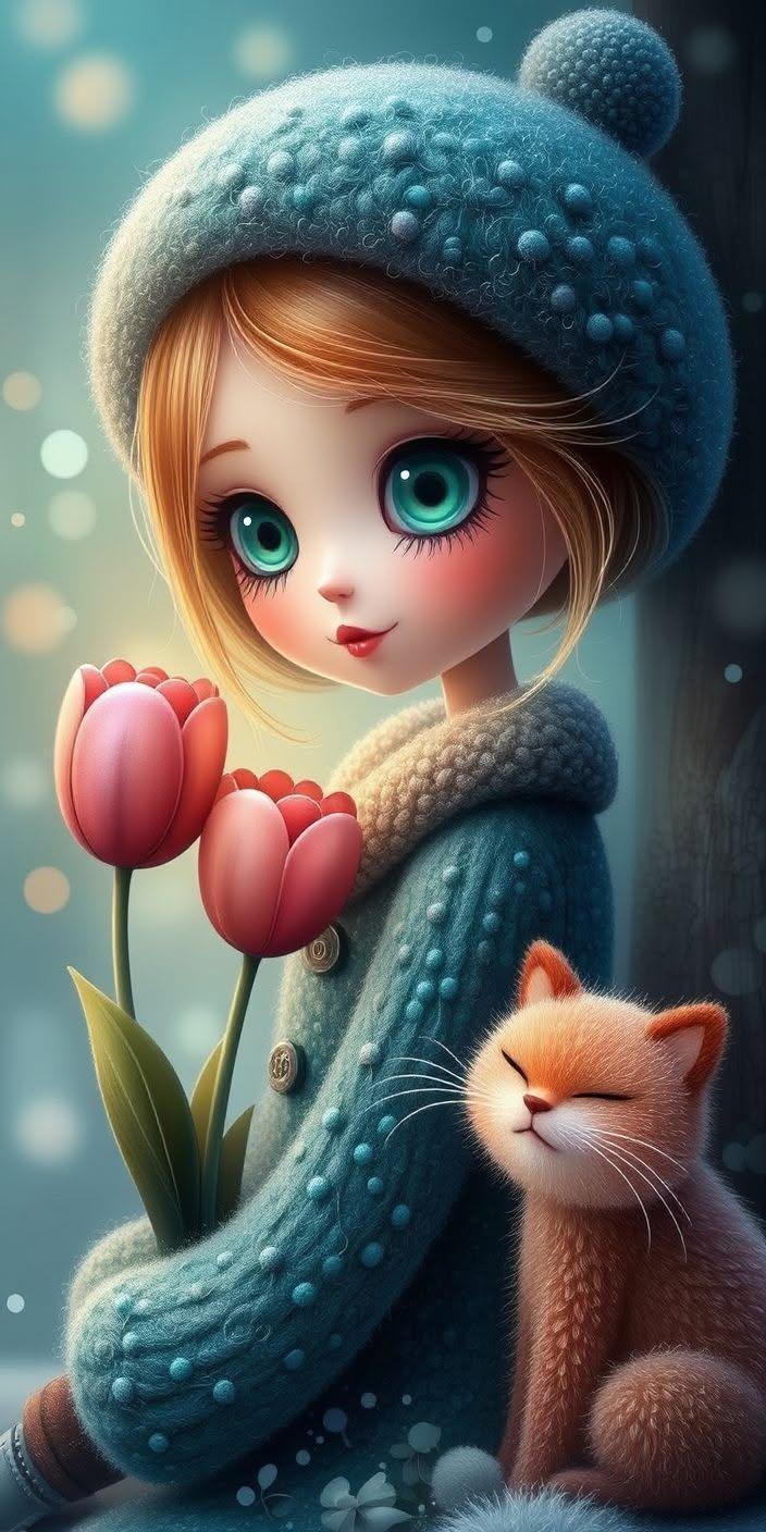 Cute Girl and Kitten Tulip Wallpaper