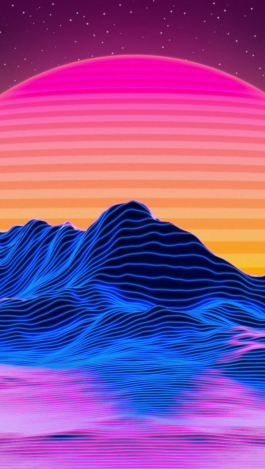 Neon Synthwave Sunset Mountains Wallpaper