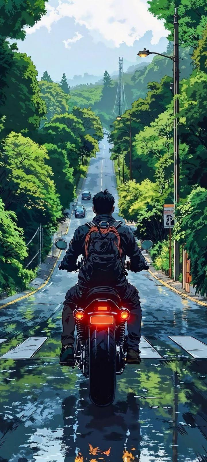 Anime Motorcycle Forest Road Wallpaper