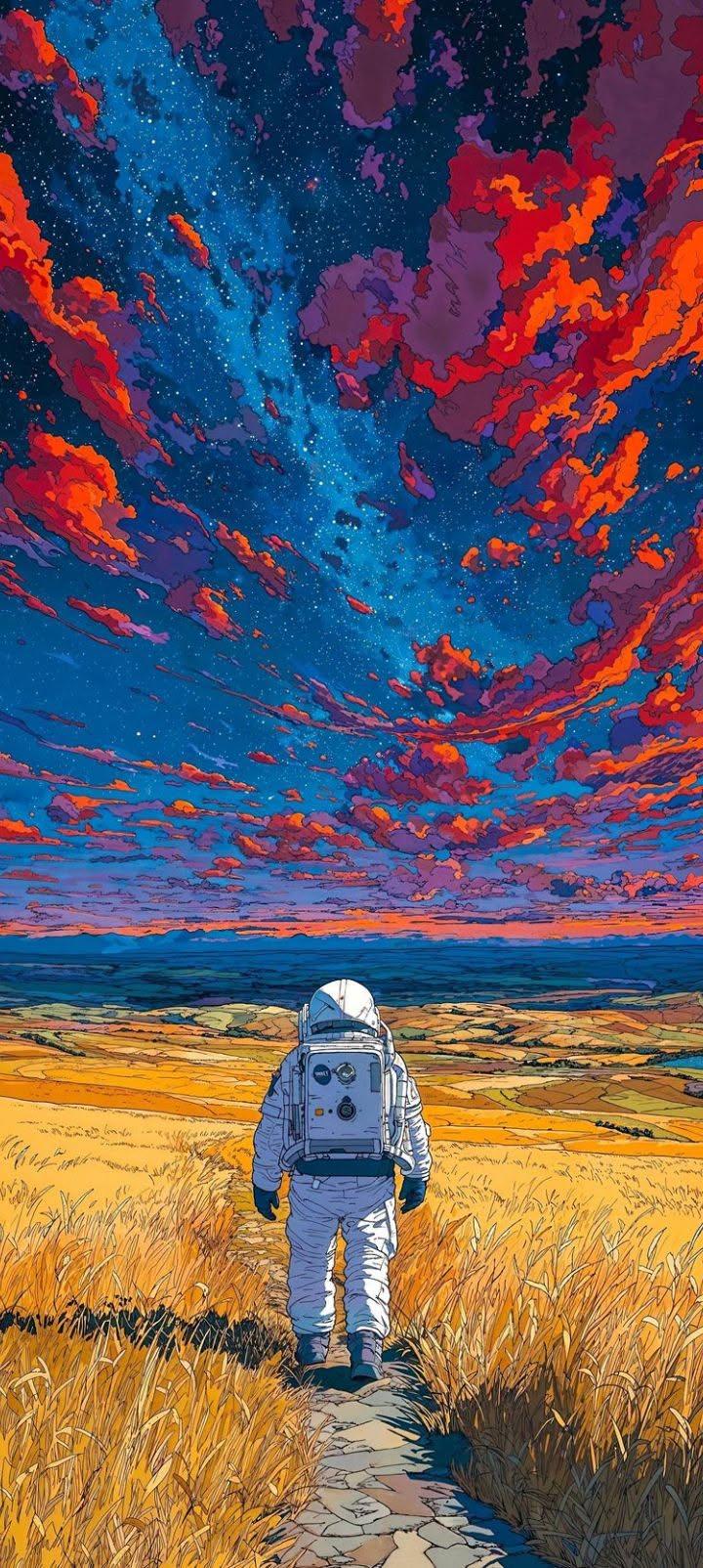 Astronaut Under Cosmic Sunset Wallpaper