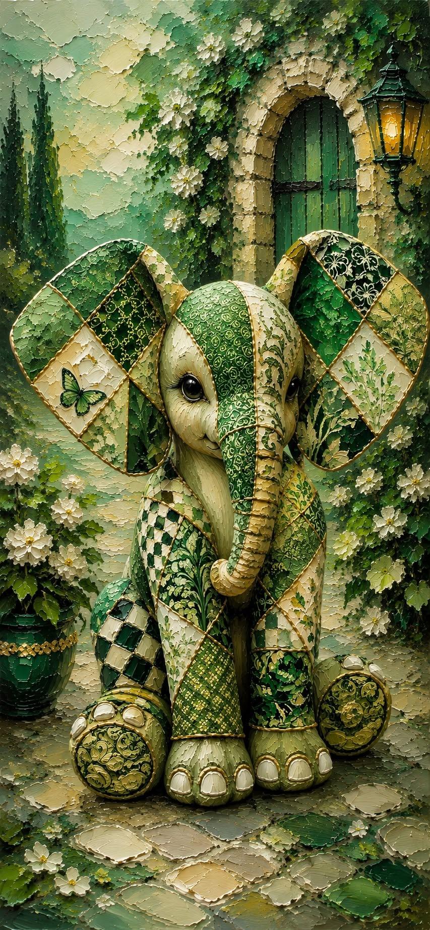 Whimsical Green Mosaic Elephant Wallpaper