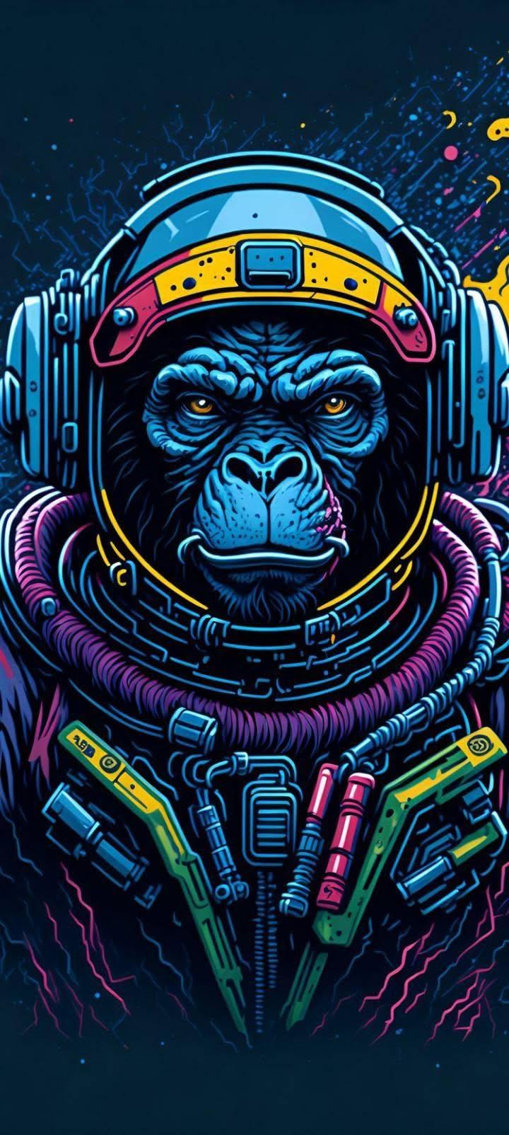 Space Gorilla Wallpaper – Neon Astronaut Sci-Fi Phone Background