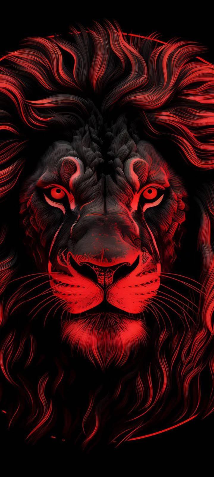 Red Neon Lion Wallpaper – Dark Glowing Animal Phone Background