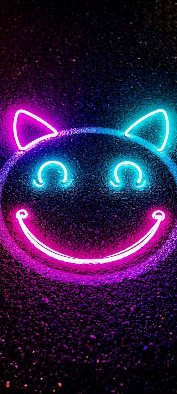 Neon Smiley Cat Wallpaper – Glowing Cyberpunk Phone Background