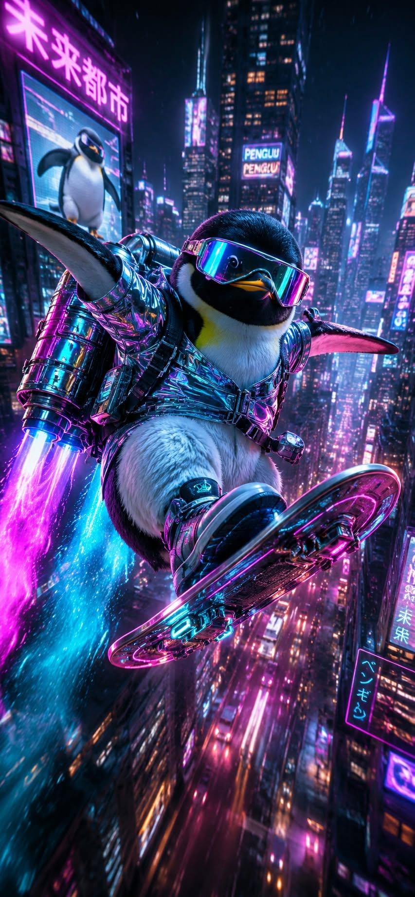 Cyber Penguin Hoverboard Wallpaper