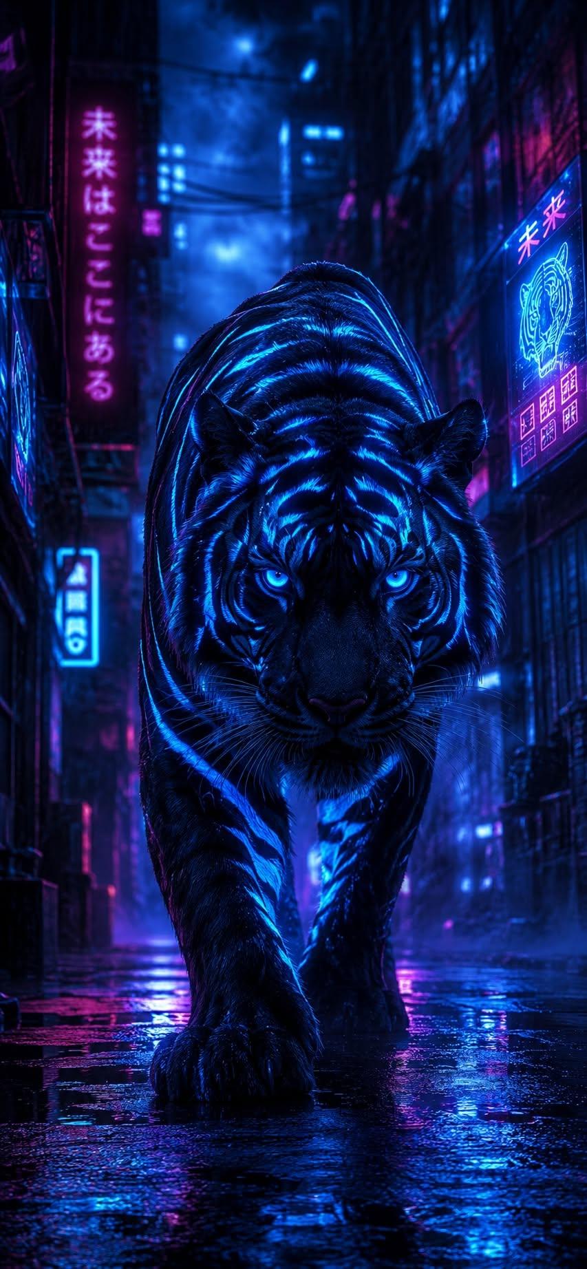Cool iPhone wallpaper of a neon blue tiger walking through a cyberpunk city street
