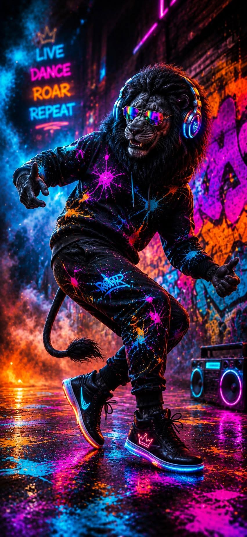 Dancing lion wallpaper in graffiti hoodie and headphones breakdancing in a neon-lit alley