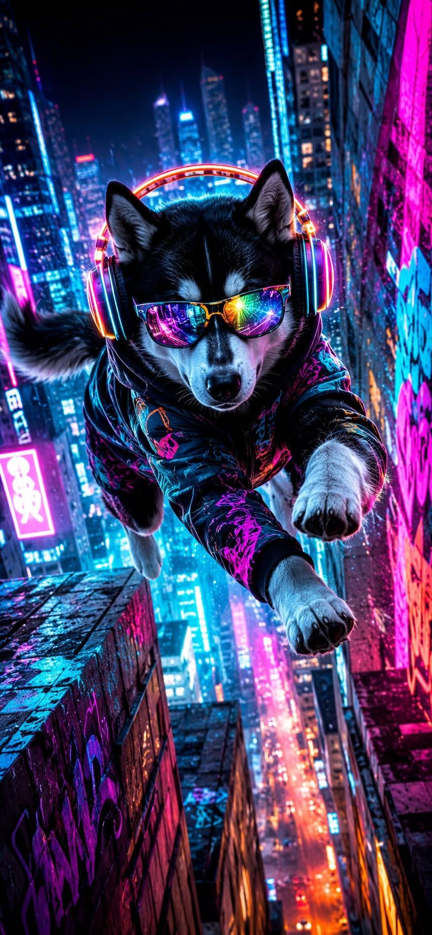 Cyberpunk husky wallpaper leaping over a neon-lit city skyline wearing sunglasses and headphones