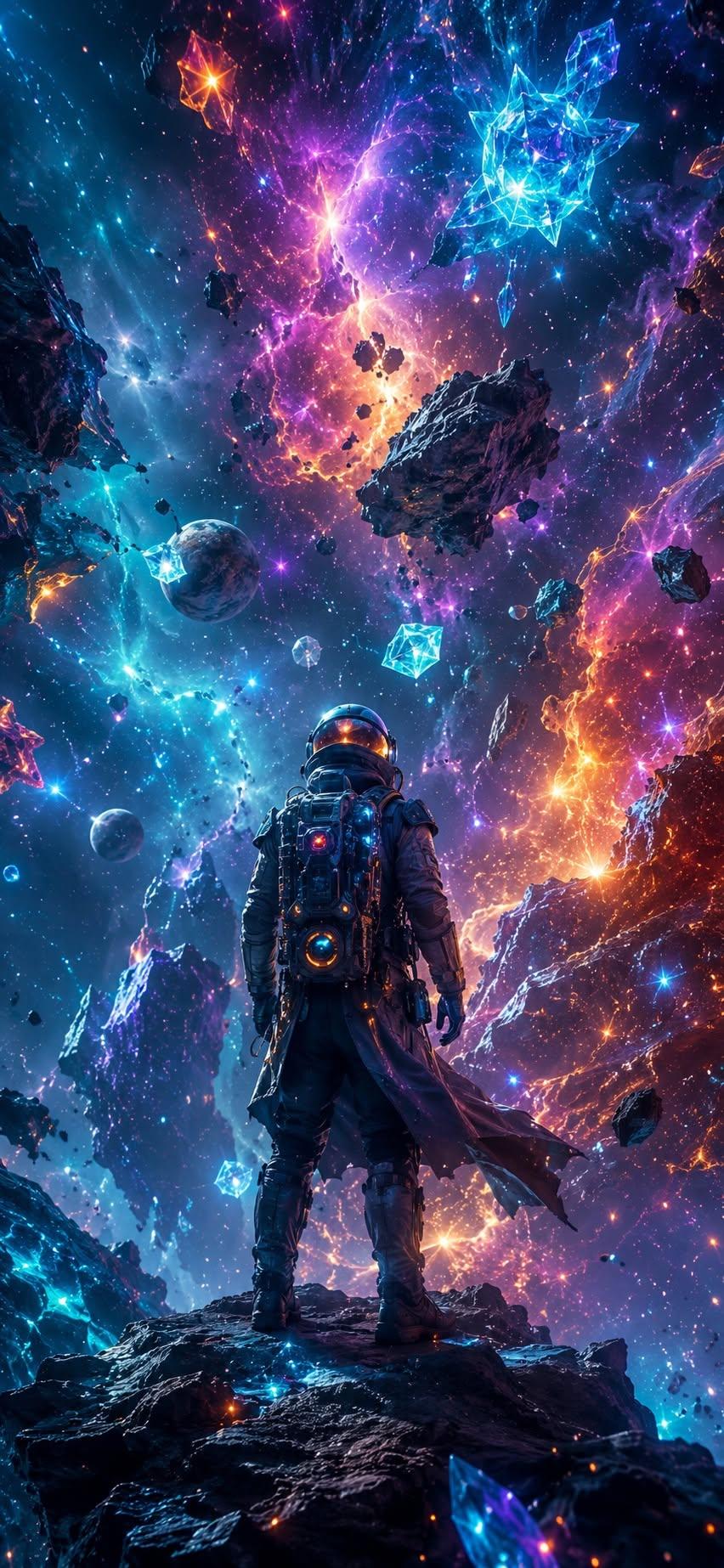 Astronaut wallpaper standing on an asteroid facing a colorful galaxy with glowing crystals and planets
