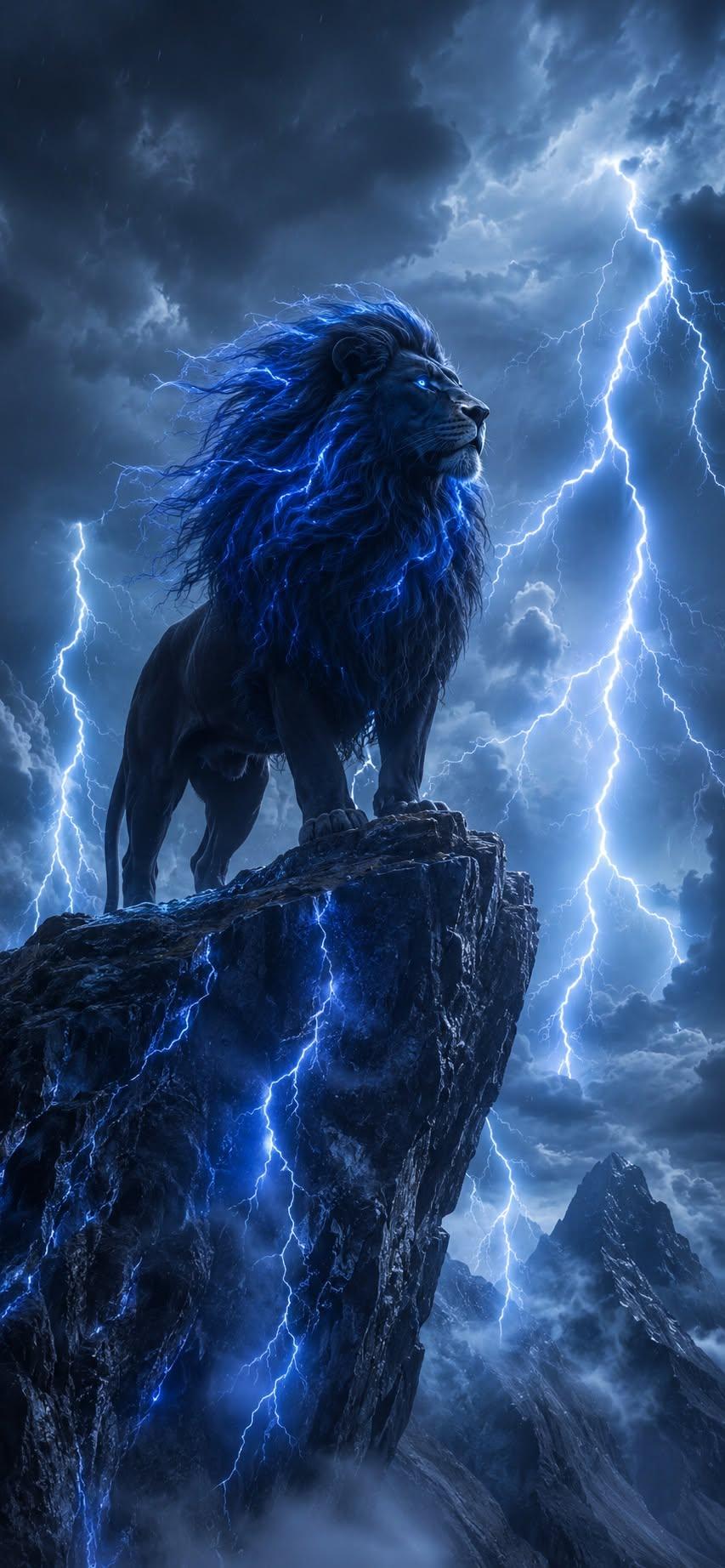 Lightning lion wallpaper standing on a cliff with glowing blue mane during a storm