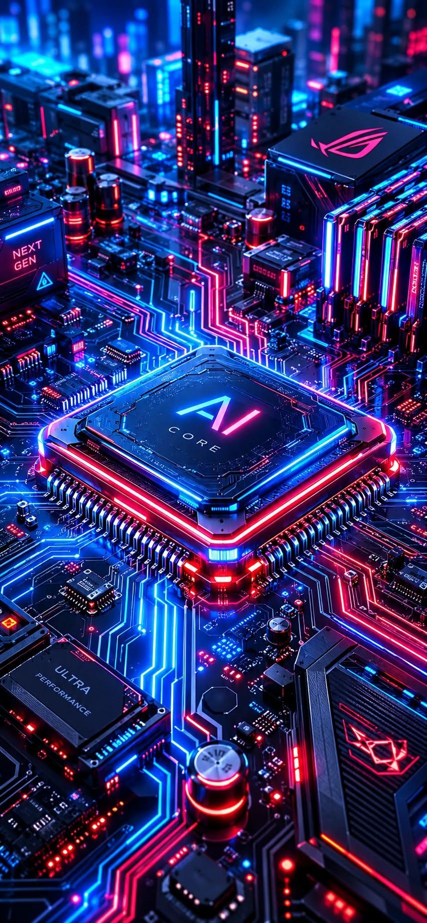 AI Core wallpaper of a glowing cyberpunk motherboard with red and blue neon circuit lights
