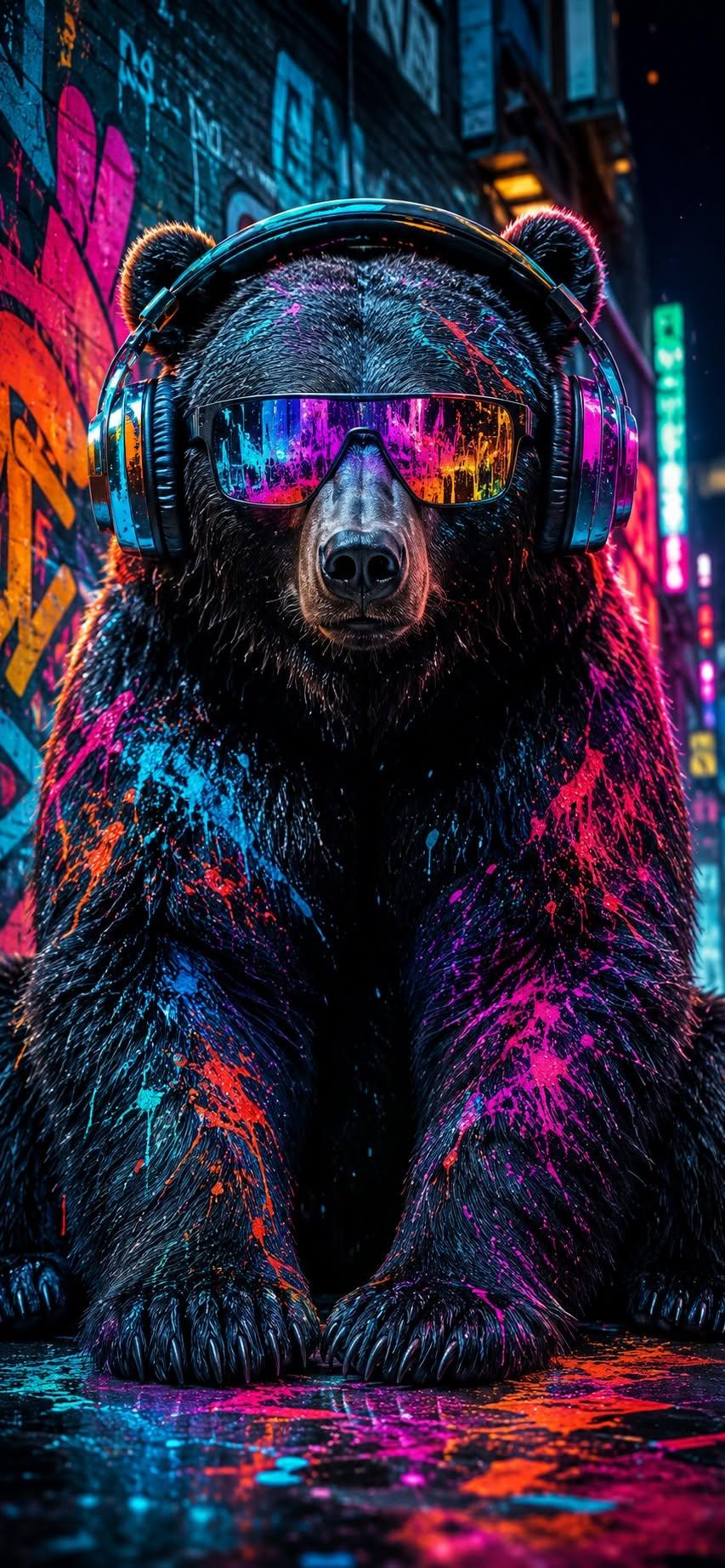 Neon bear wallpaper wearing sunglasses and headphones splattered with colorful paint against graffiti wall